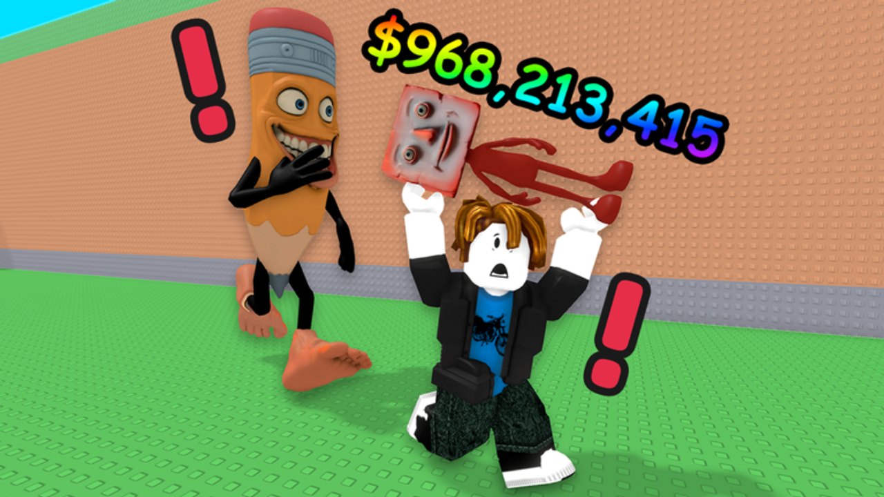 Roblox avatar carrying a stolen Brainrot while a sleeping pencil character wakes on the green plot