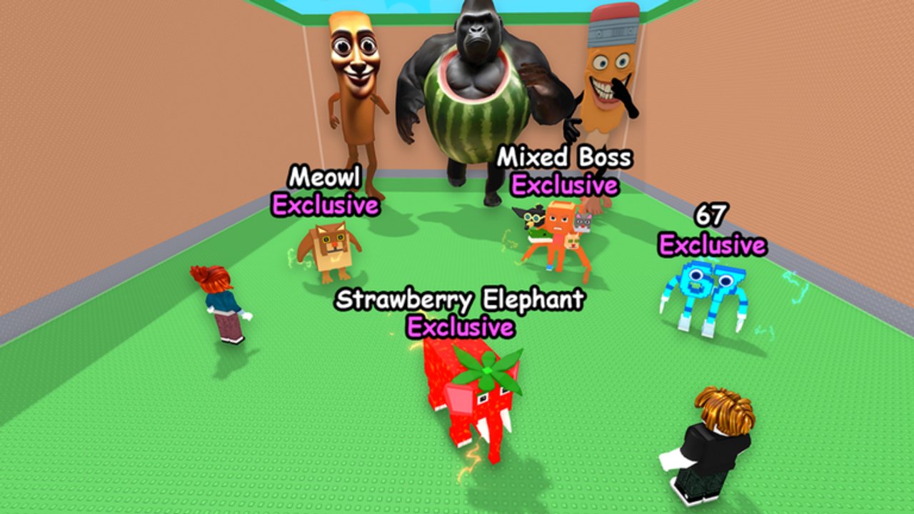 Plot showing Meowl, Mixed Boss, 67, and Strawberry Elephant Exclusive Brainrots
